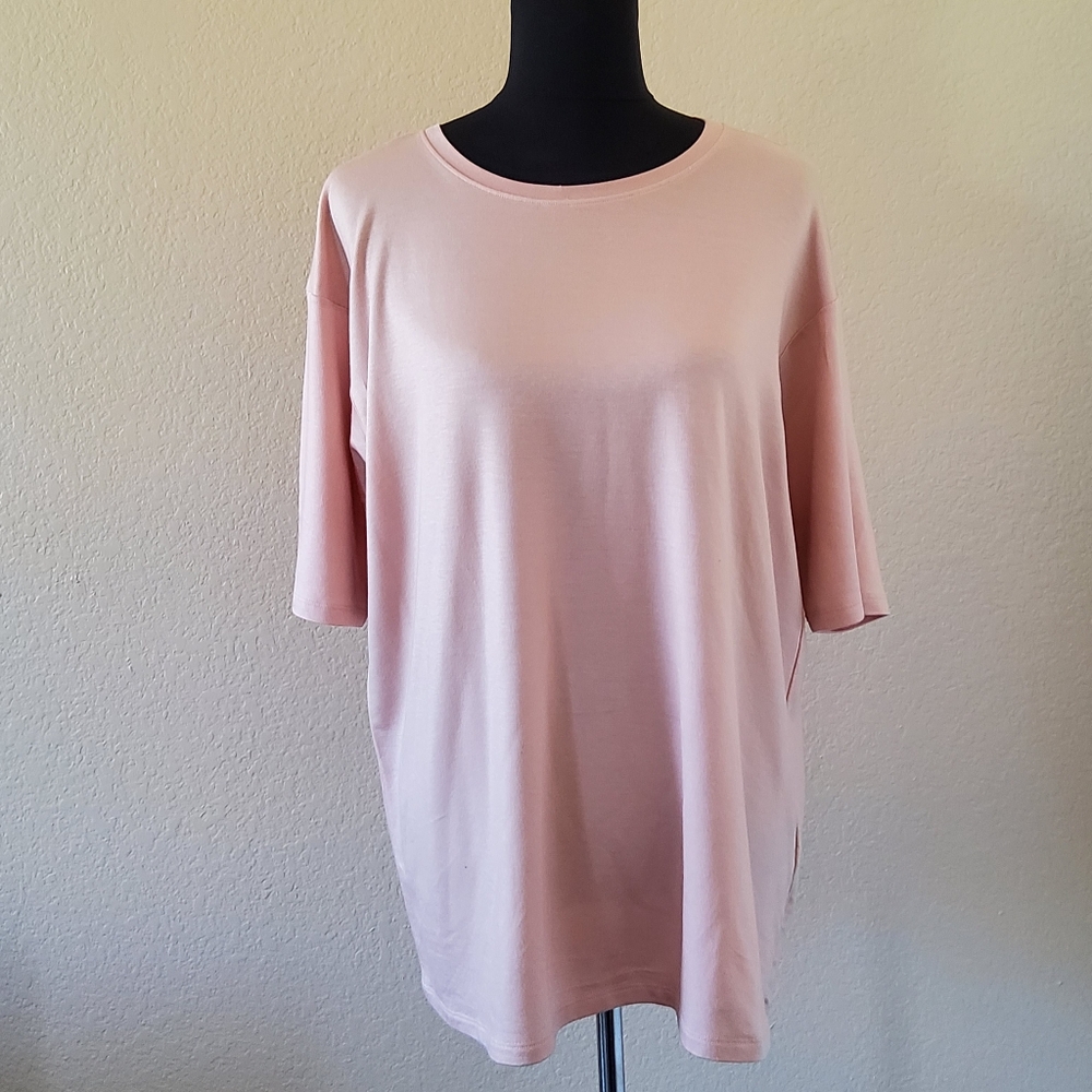 Eileen Fisher Tencel Lyocell Spandex Knit Tunic Top Soft Pink Short Sleeve Sz S